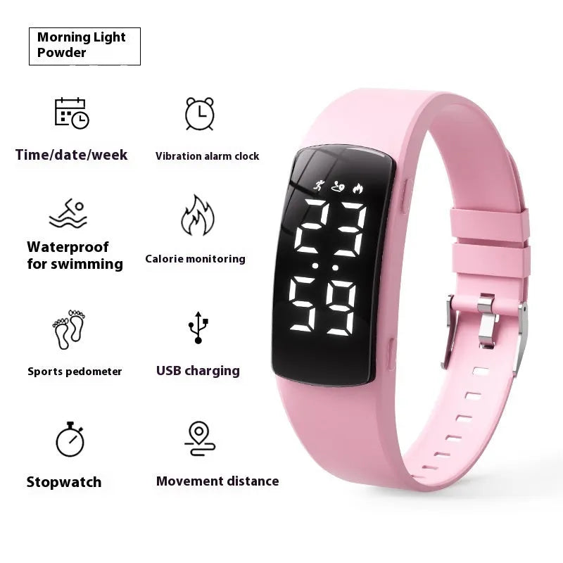 Waterproof vibration alarm clock watch with black silicone strap and LED display showing time