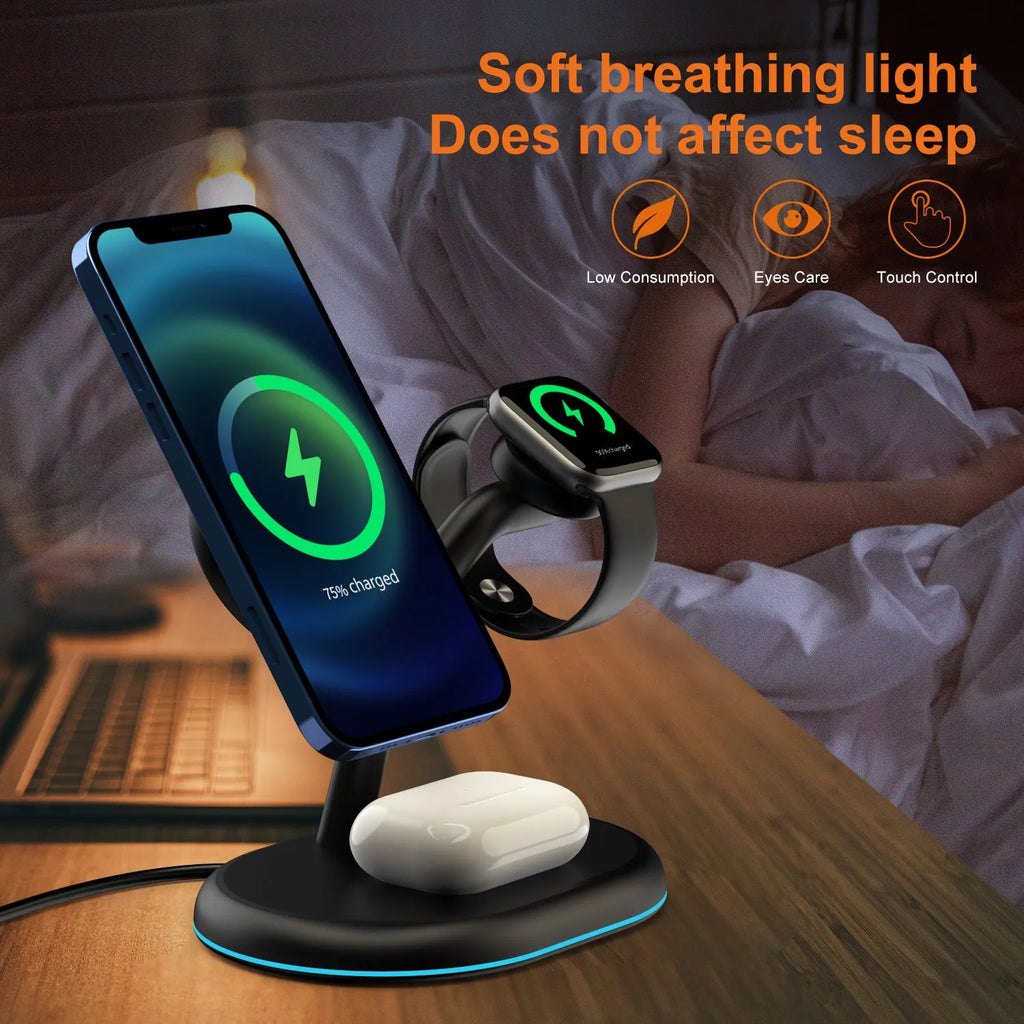 Black three-in-one magnetic wireless charger with ABS plastic case on a table