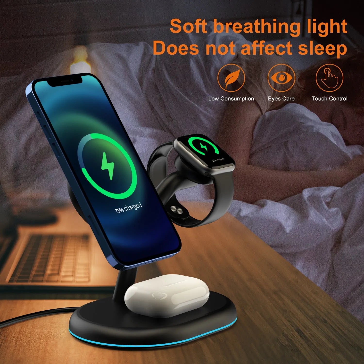 Black three-in-one magnetic wireless charger with ABS plastic case on a table