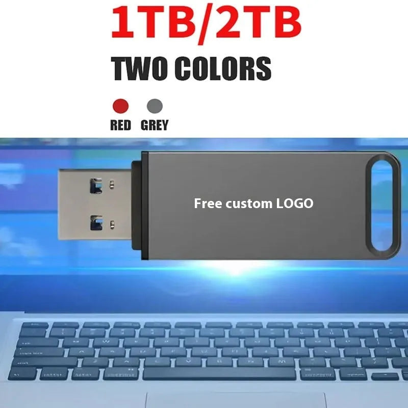 Customisable metal USB flash drive in black, red, or silver with capacities from 1TB to 16TB.