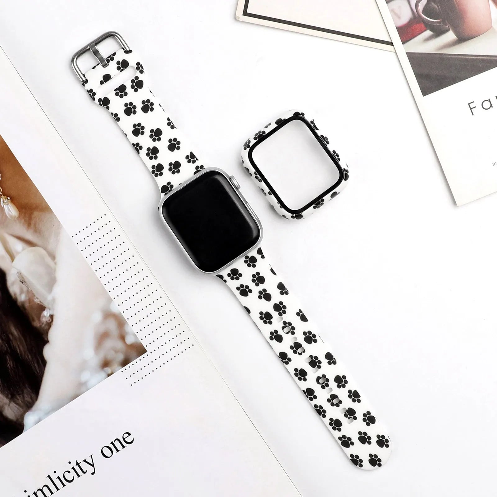 Printed silicone watch strap for Apple Watch showing multiple colourful pattern options.