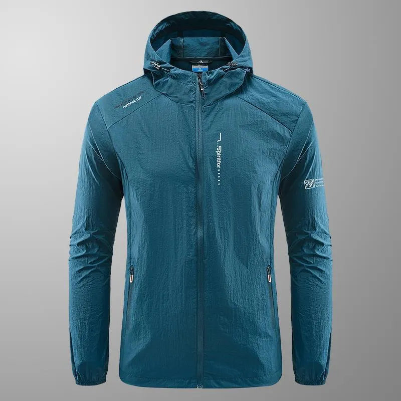 Men's light grey summer hooded jacket in thin nylon fabric with loose fit