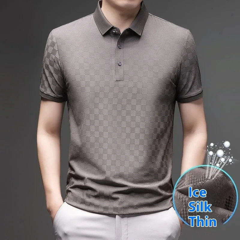 Men's black thin ice silk T-shirt with a rhombus pattern and slit detail on the front.