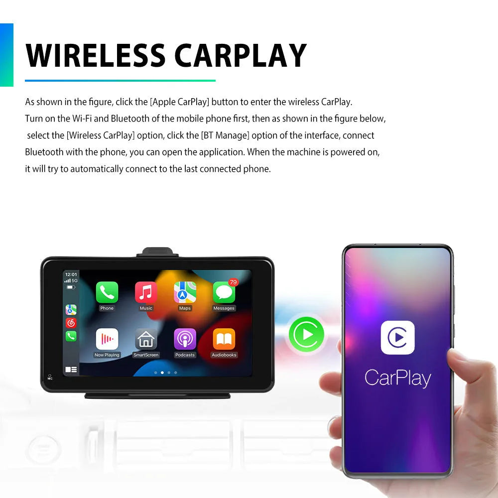 7-inch HD wired car multimedia player with screen, mounting brackets, cigarette lighter plug, and auxiliary cable on a dark background.