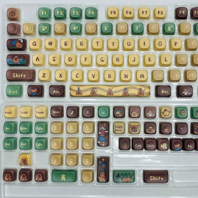 Capabala mechanical keyboard keycap set showing 130 double-shot ABS keys with uniform MOA height profile