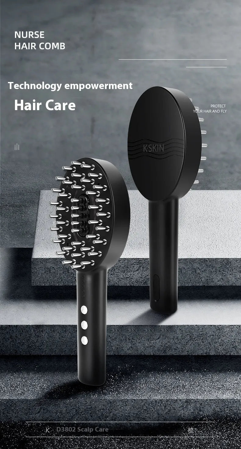 KD3802 Black handheld scalp massage device with charging cable on plain background