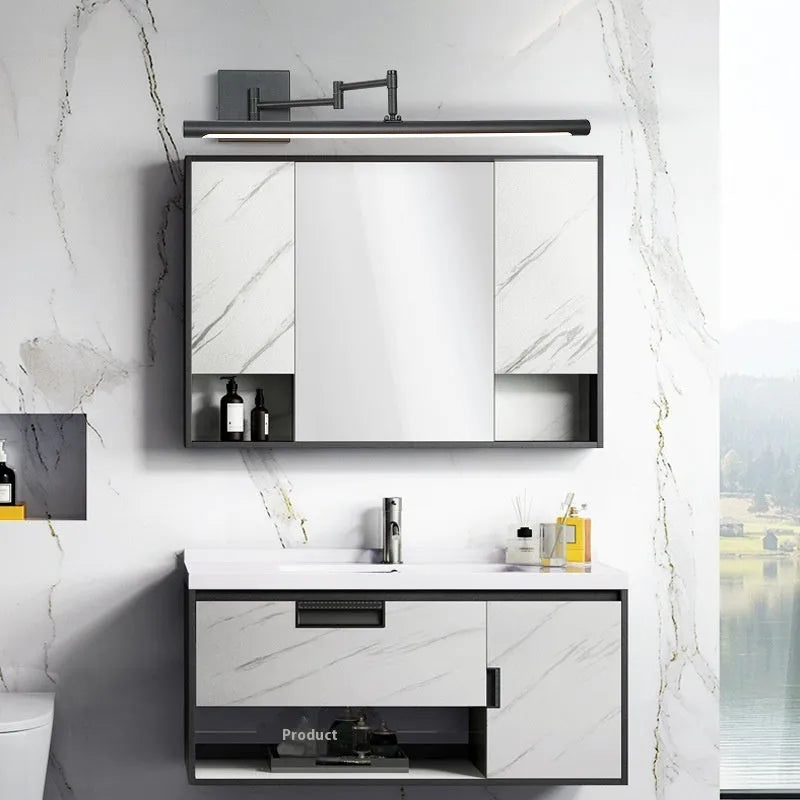 Modern sand black LED bathroom mirror cabinet with integrated lighting mounted on a wall.