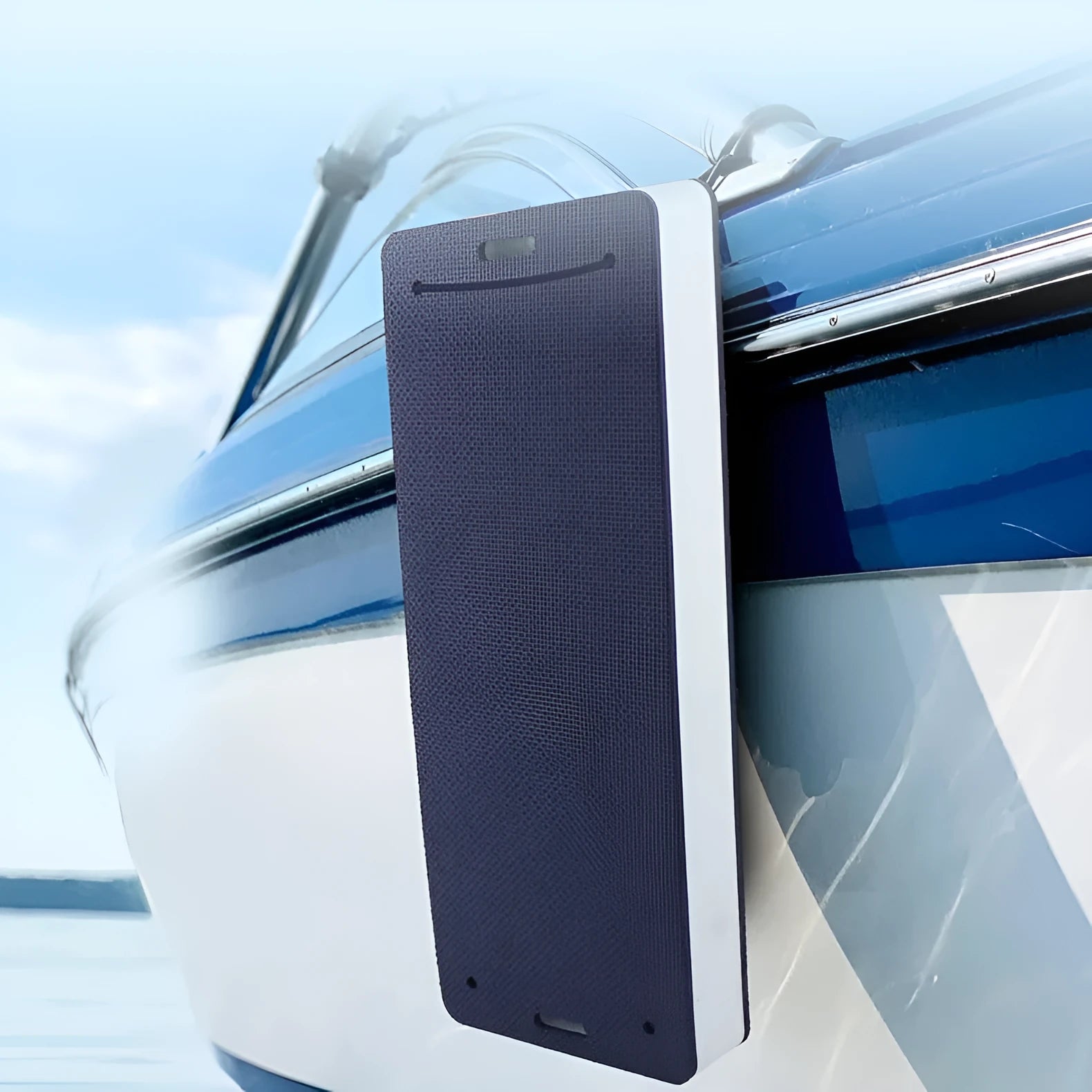 Blue and grey EVA foam marine fender for boat hull protection.