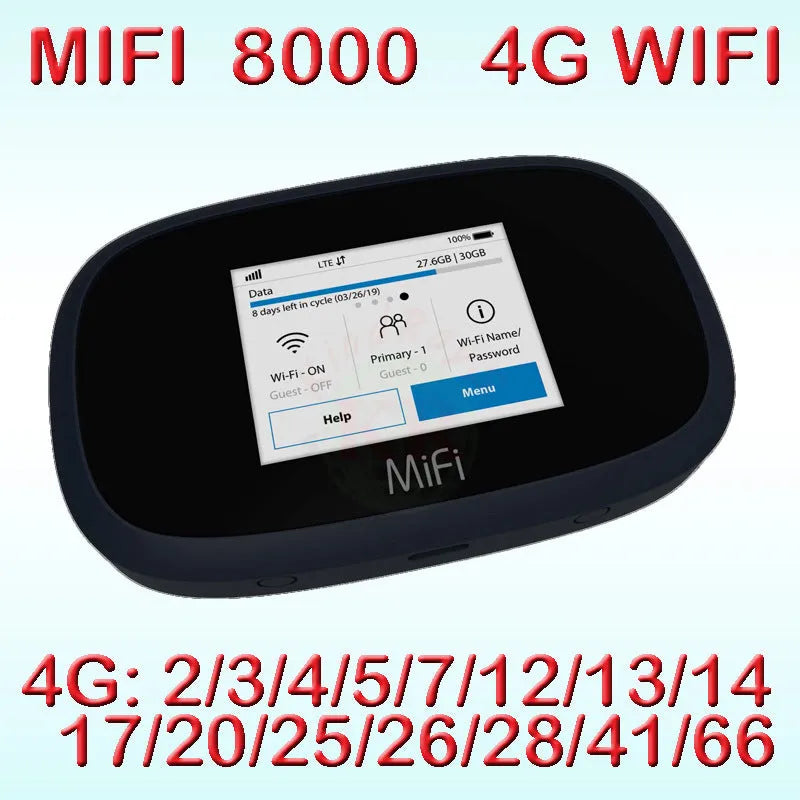 Black mifi8000 4G portable wireless router with battery and data cable on a white background.