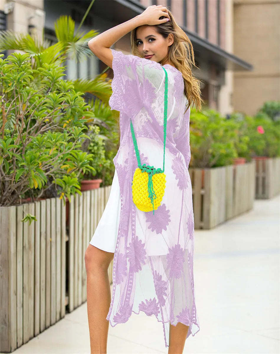 Light purple beach dress with lace embroidery cardigan style swimsuit cover-up