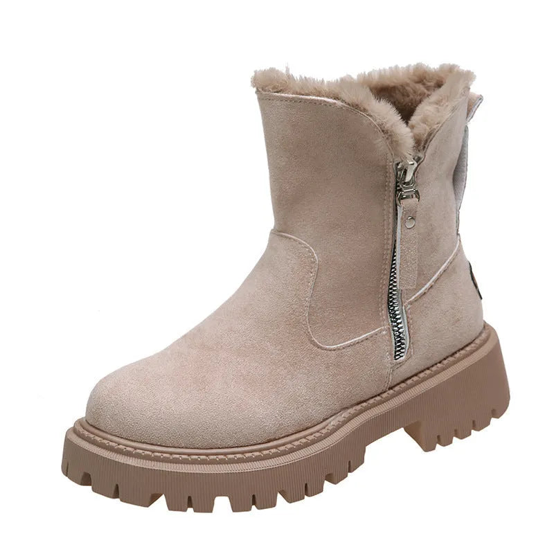 Women's black thick plush snow boot with side zip and faux fur lining