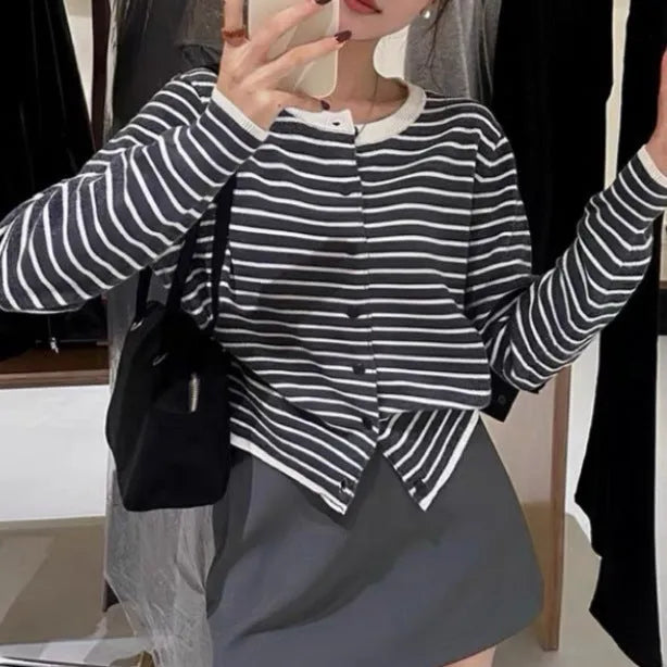 Women's dark grey and white striped slim-fit cardigan coat with short 40cm length.