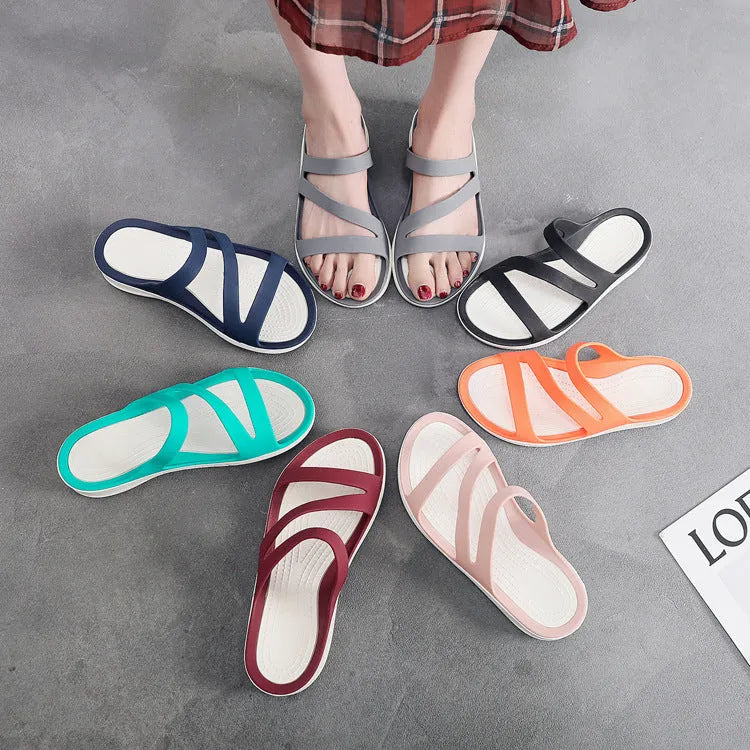 A pair of solid-colour women's casual sandals with a breathable PP upper, shown in one of six available colours.