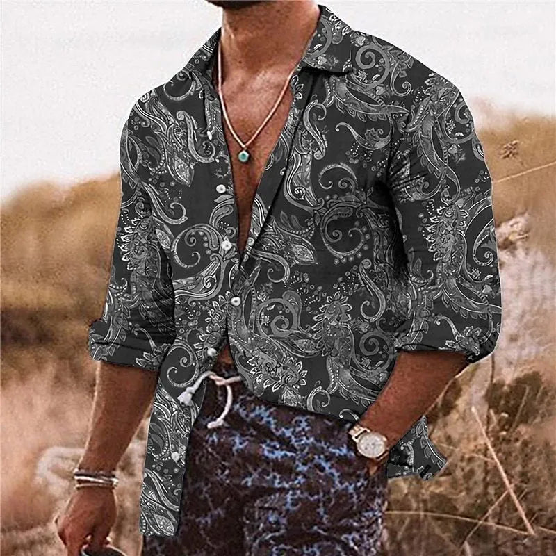 Men's loose fit Bohemian shirt with 3D floral digital printing in polyester fabric