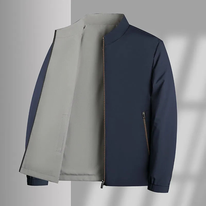 Men's double-sided stand collar casual windproof jacket in solid colour, loose fit, polyester fibre