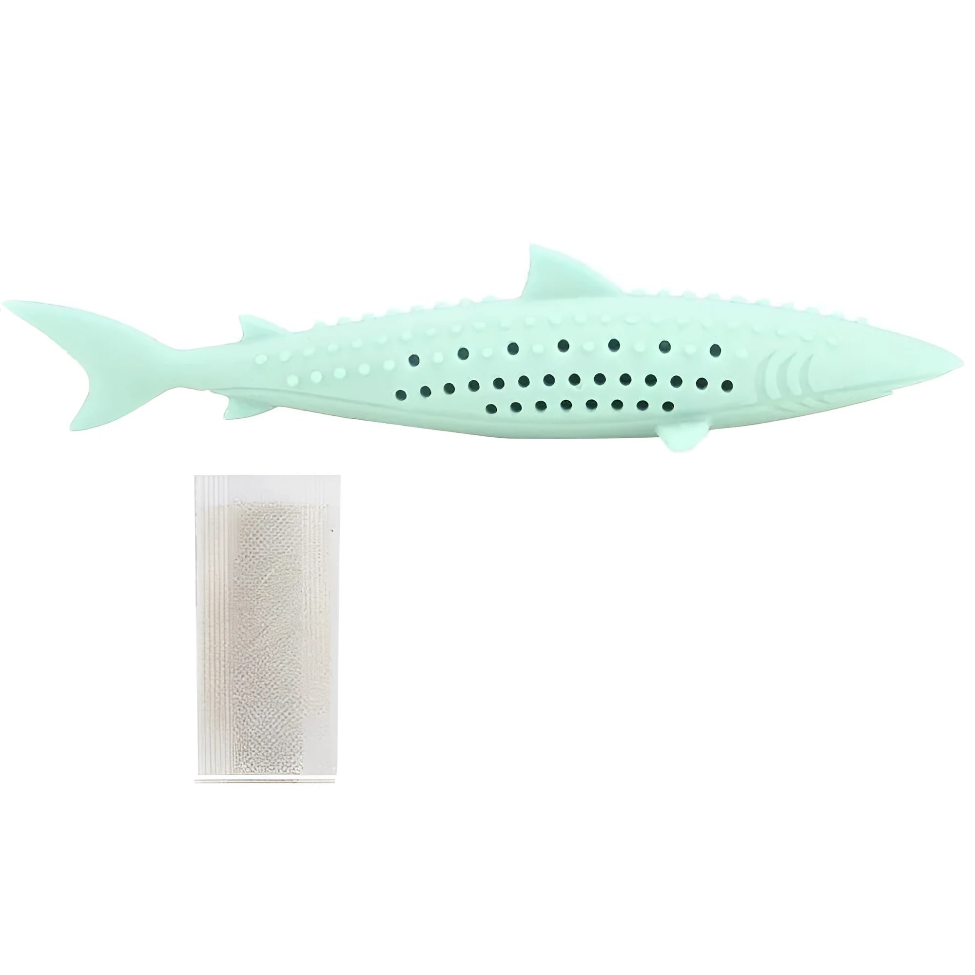 Green silicone fish-shaped chew toy for cats on a white background, showing side breathable holes.