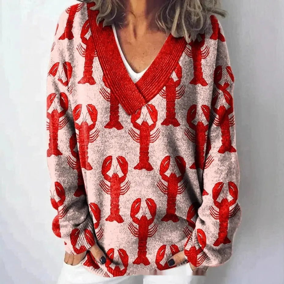 Women's V-neck sweatshirt with 3D floral pattern print and long sleeves