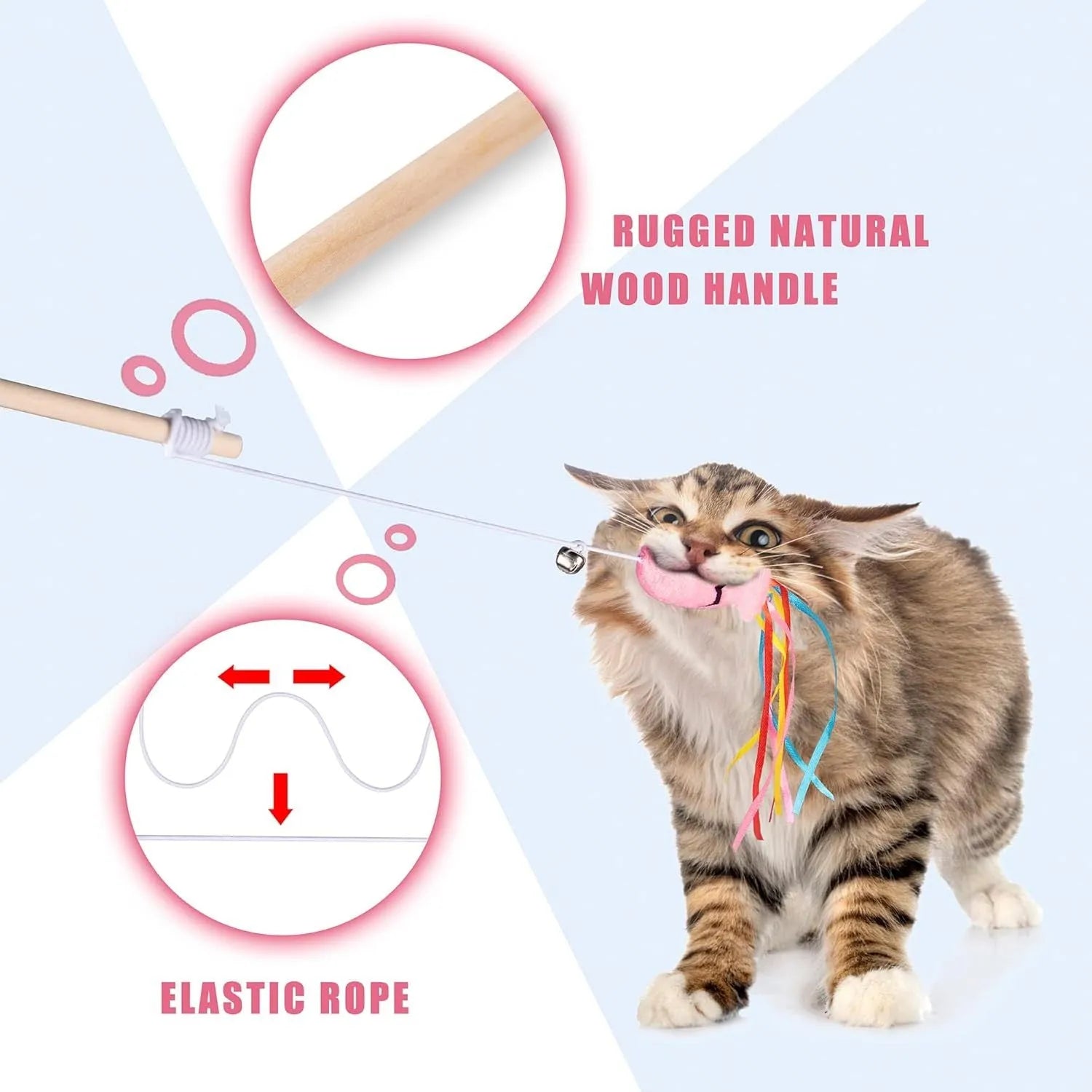 Cat wand toy with wooden handle showing colourful ribbons, catnip fish and bell attachments for interactive feline play