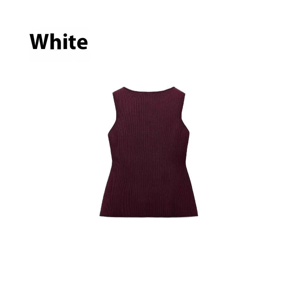 Women's dark red slim fit viscose vest with gold buttons and a textured 3D pattern, shown on a hanger.