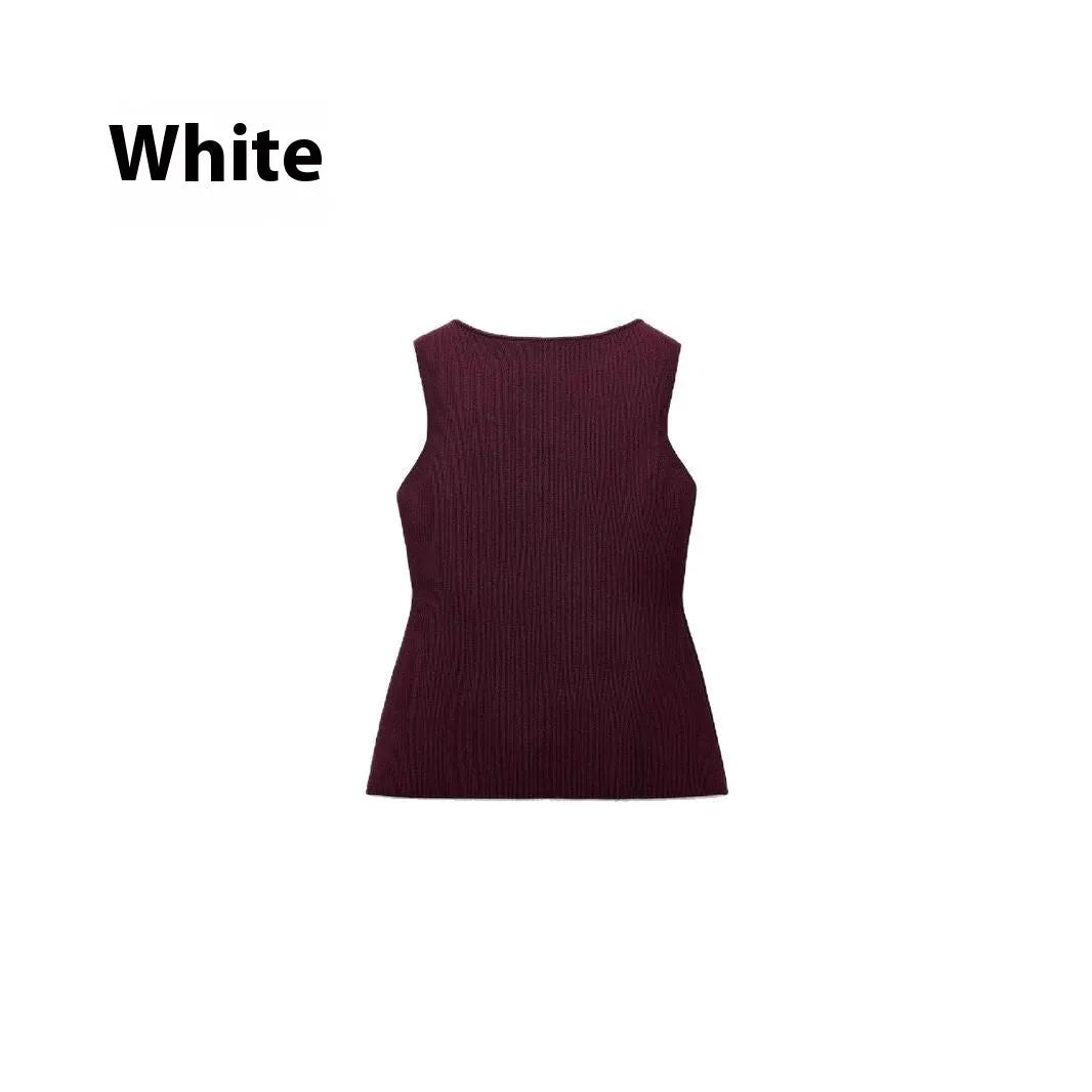 Women's dark red slim fit viscose vest with gold buttons and a textured 3D pattern, shown on a hanger.