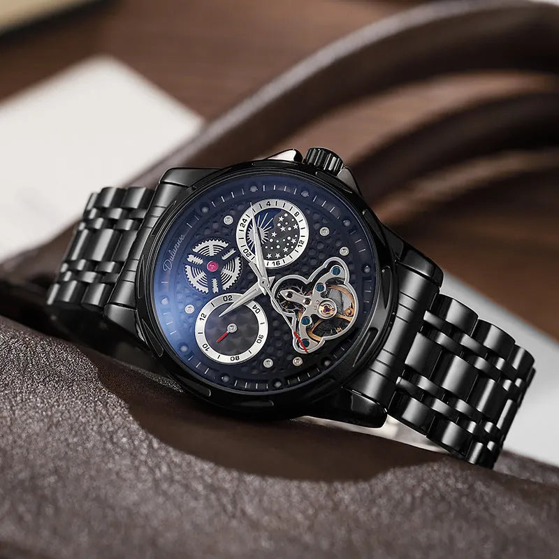 Men's black and silver automatic business watch with luminous hands on steel bracelet