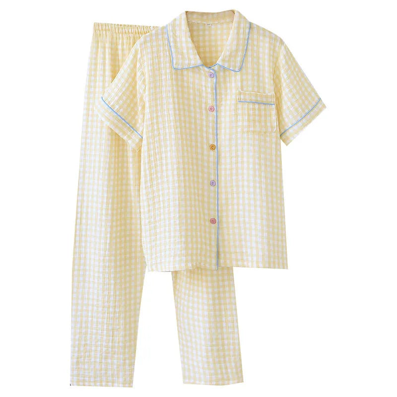Women's washed cotton short-sleeved trouser suit in Flower Sea pattern with three-quarter sleeves