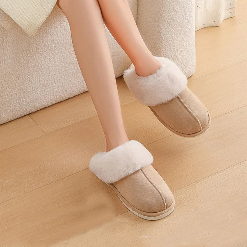 Women's brown plush slippers with round toe, flat heel, and anti-slip PVC sole.