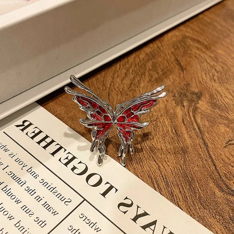 Women's copper butterfly ring with dripping oil finish and adjustable open loop design