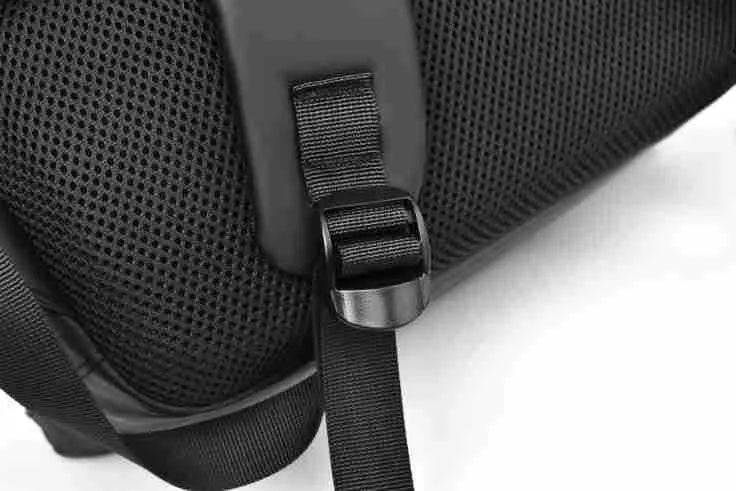 Waterproof black PU leather backpack with sewing thread details and large capacity storage