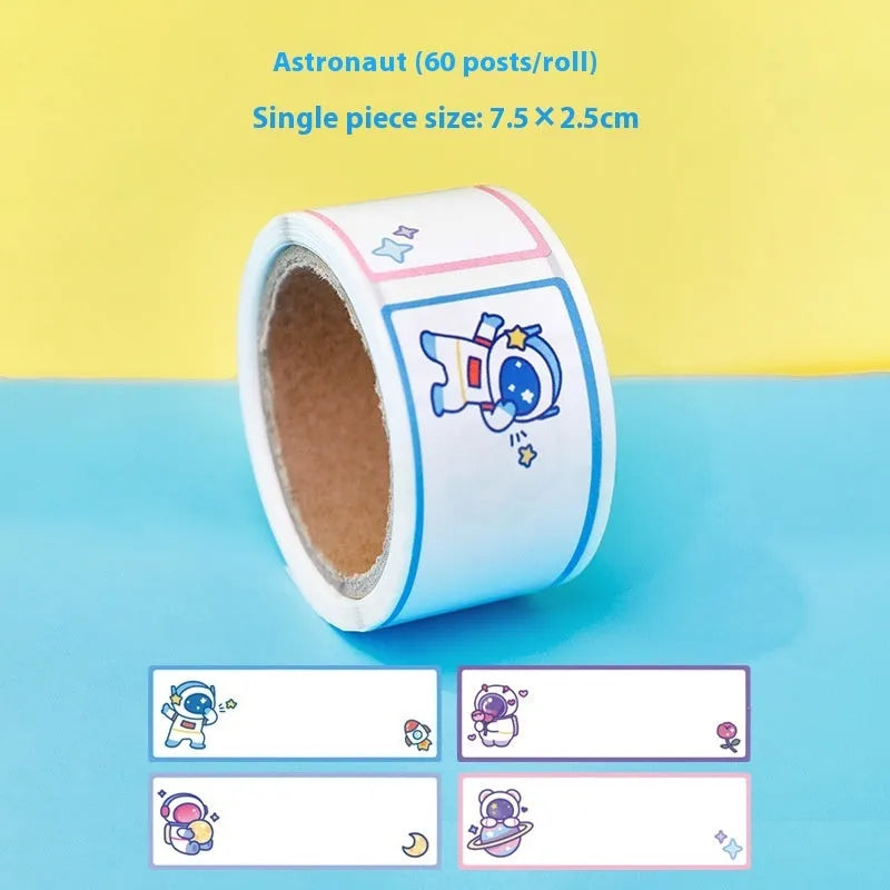 Roll of colourful cartoon name tape stickers for student organisation in dinosaur, astronaut, rabbit, or girl designs