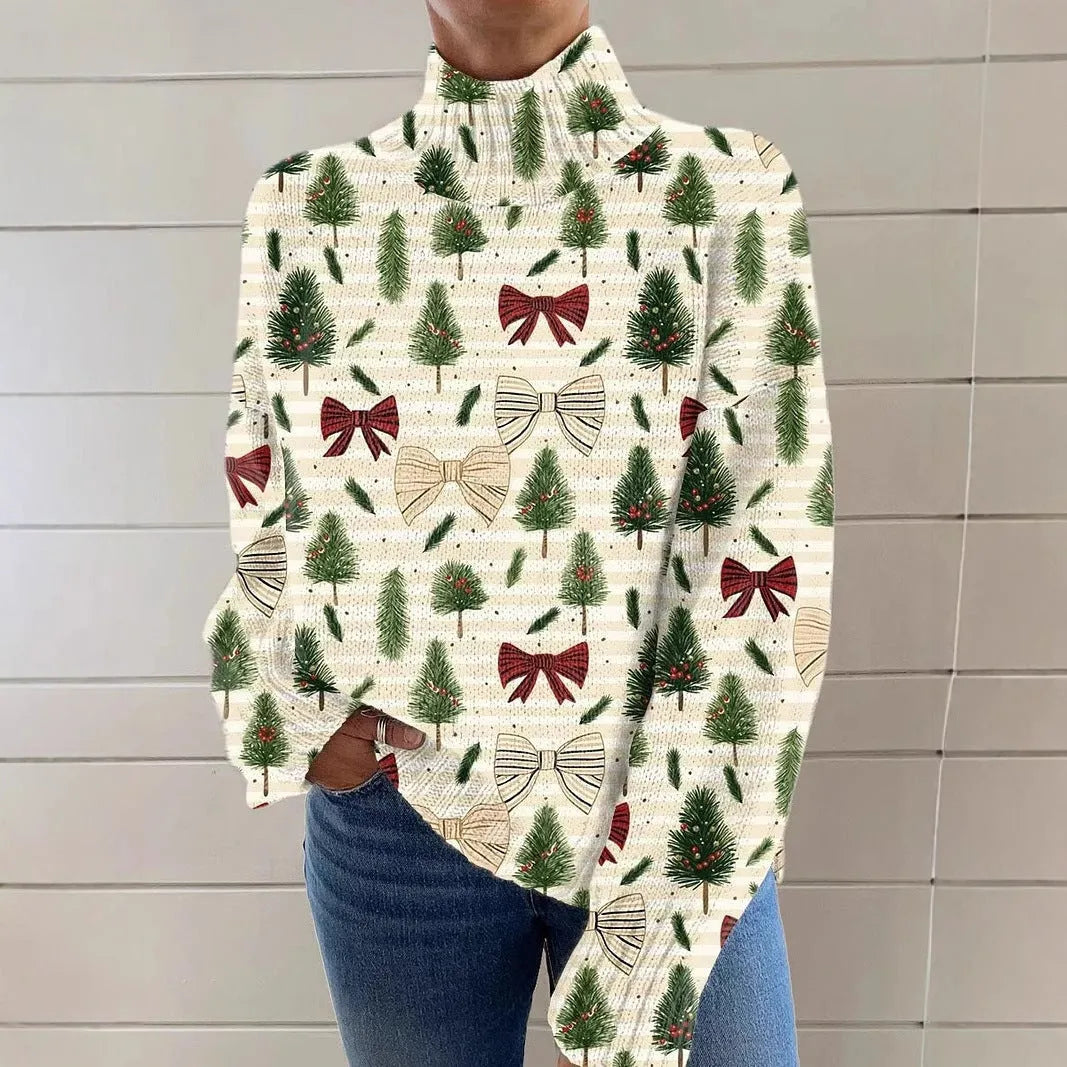 Women's loose fit red Christmas print turtleneck sweater with long sleeves.