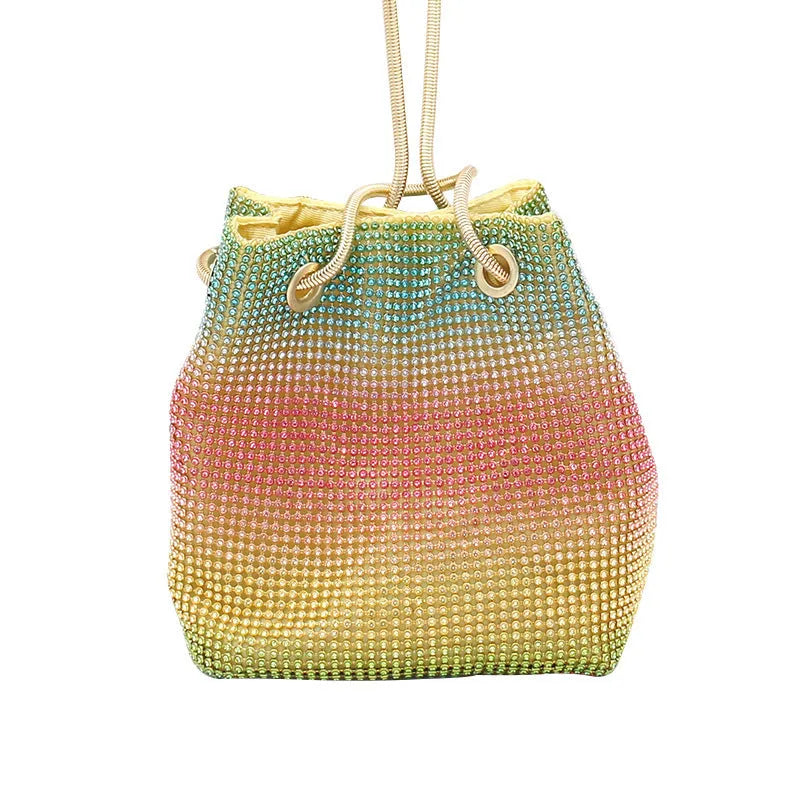 Small rainbow-coloured rhinestone bucket bag with a soft fabric construction.