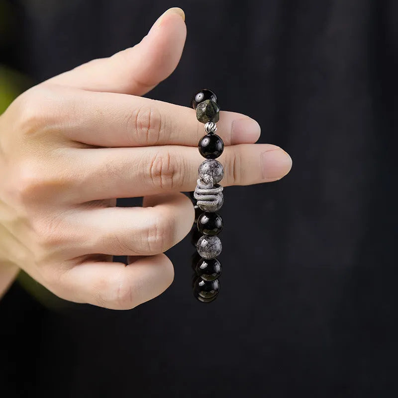 S925 sterling silver obsidian snake bracelet with 10mm retro zodiac design for men