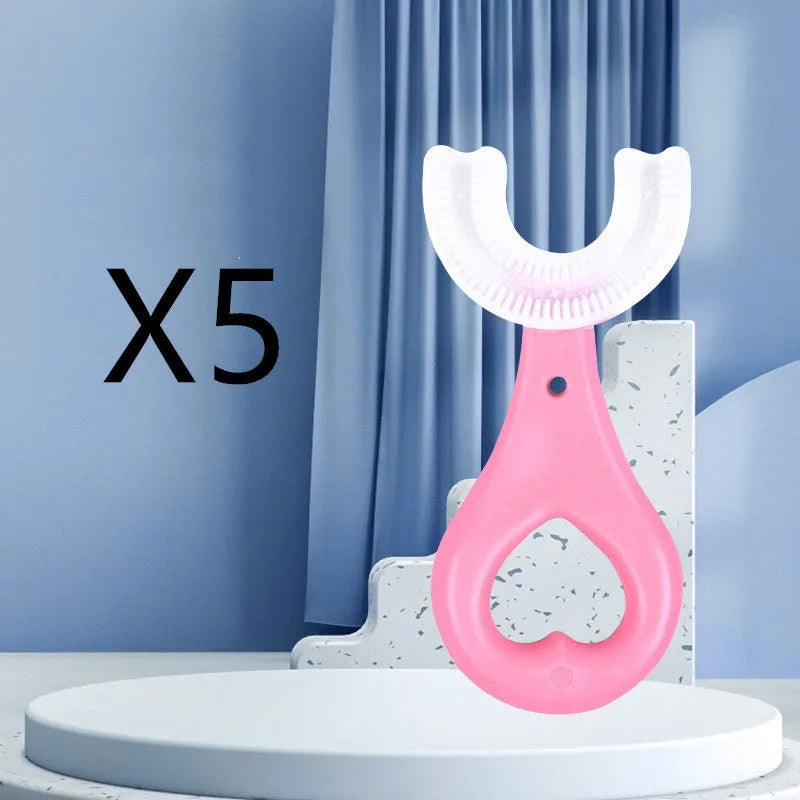 Children's U-shaped soft rubber toothbrush in pink and blue colours for milk teeth cleaning