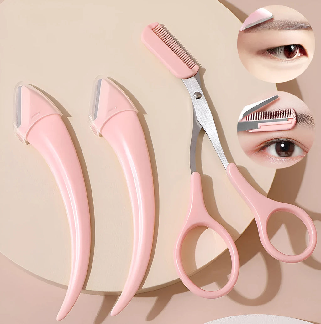 Close-up of a white and pink eyebrow trimming knife with a small curved plastic comb on a plain background.