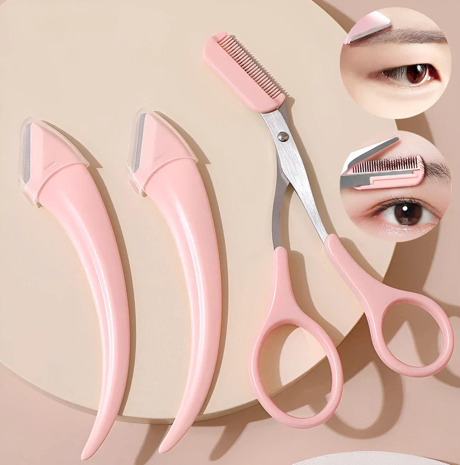 Close-up of a white and pink eyebrow trimming knife with a small curved plastic comb on a plain background.
