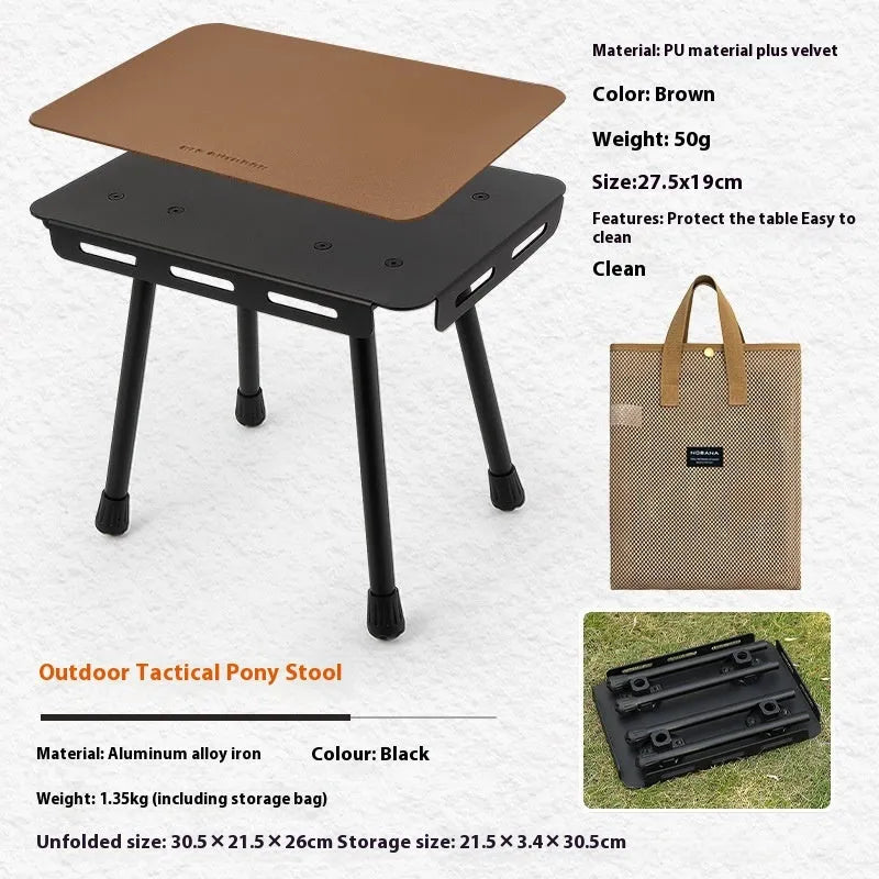 CLS aluminium folding camping stool shown in beige, extended as a table and folded with its storage bag.