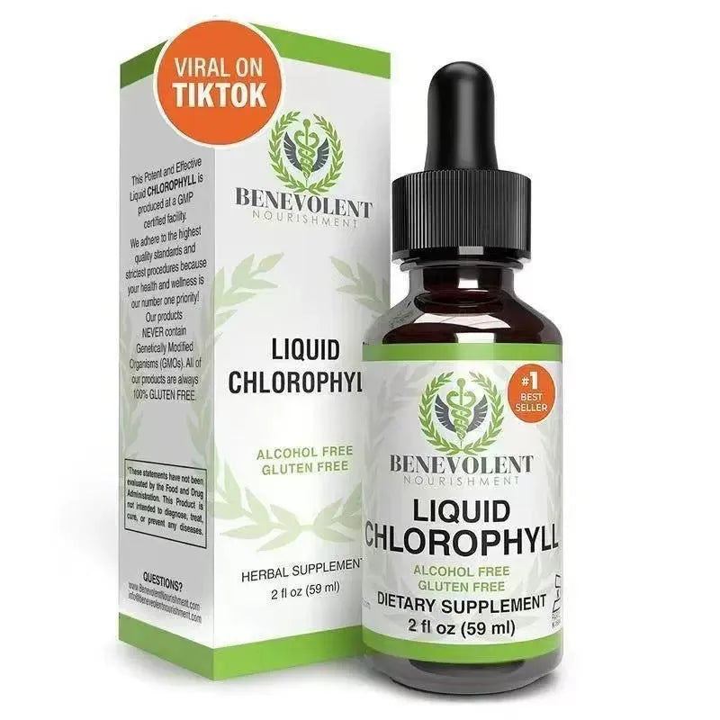 60ml bottle of natural chlorophyll drops with dropper for internal deodorant and intestinal care