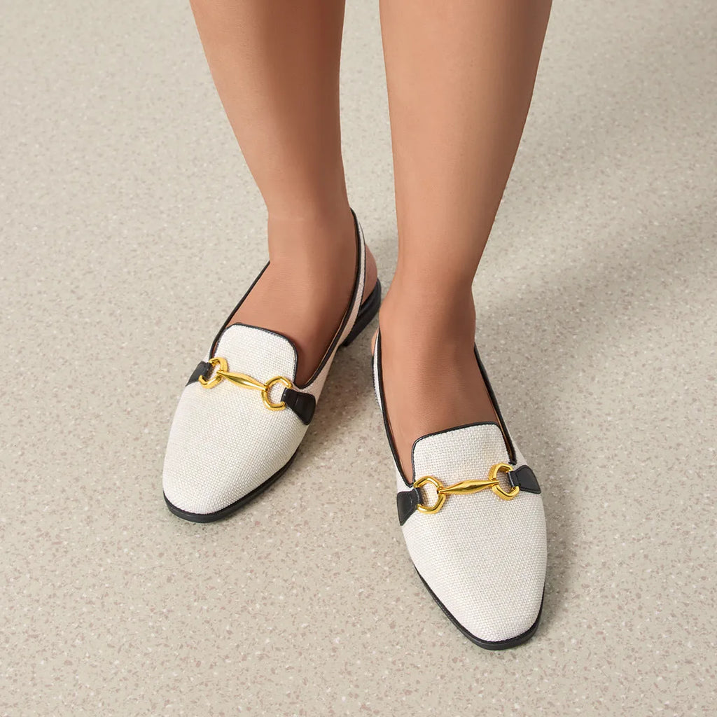 Women's closed toe chunky heel half slippers in black, linen upper with rubber sole