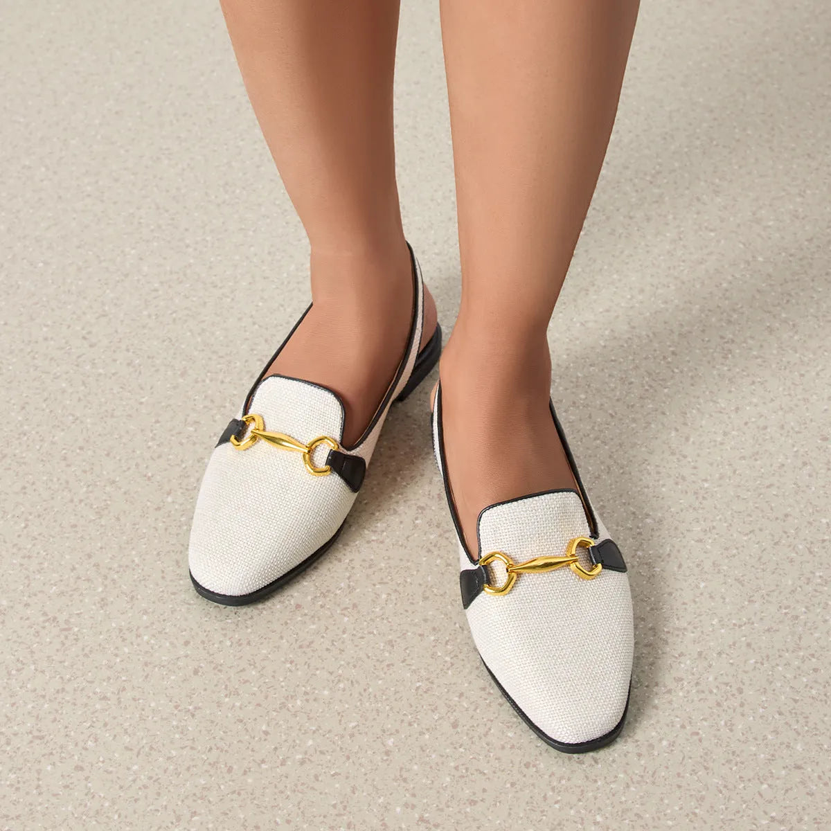 Women's closed toe chunky heel half slippers in black, linen upper with rubber sole