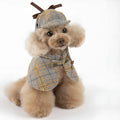 Camel-coloured cotton cloak for a pet with an adjustable hat, shown in a detective suit style.
