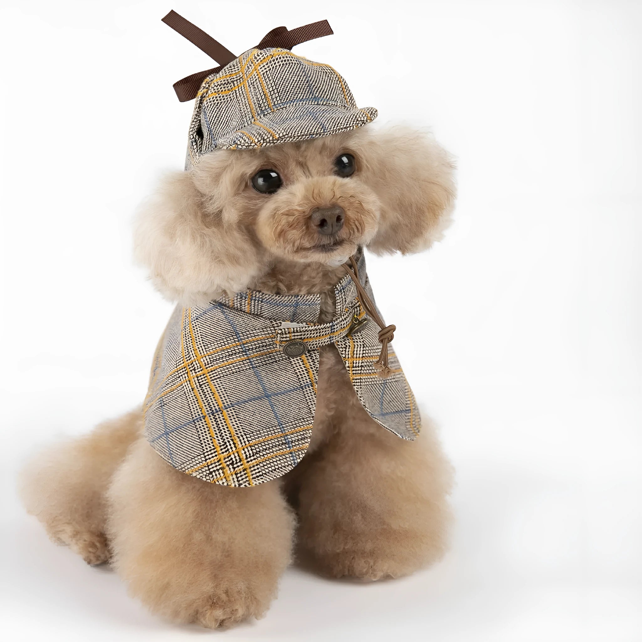 Camel-coloured cotton cloak for a pet with an adjustable hat, shown in a detective suit style.