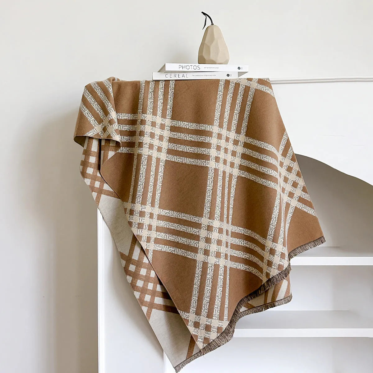 Long brown imitation cashmere scarf with tassels laid flat, showing its 185cm length.