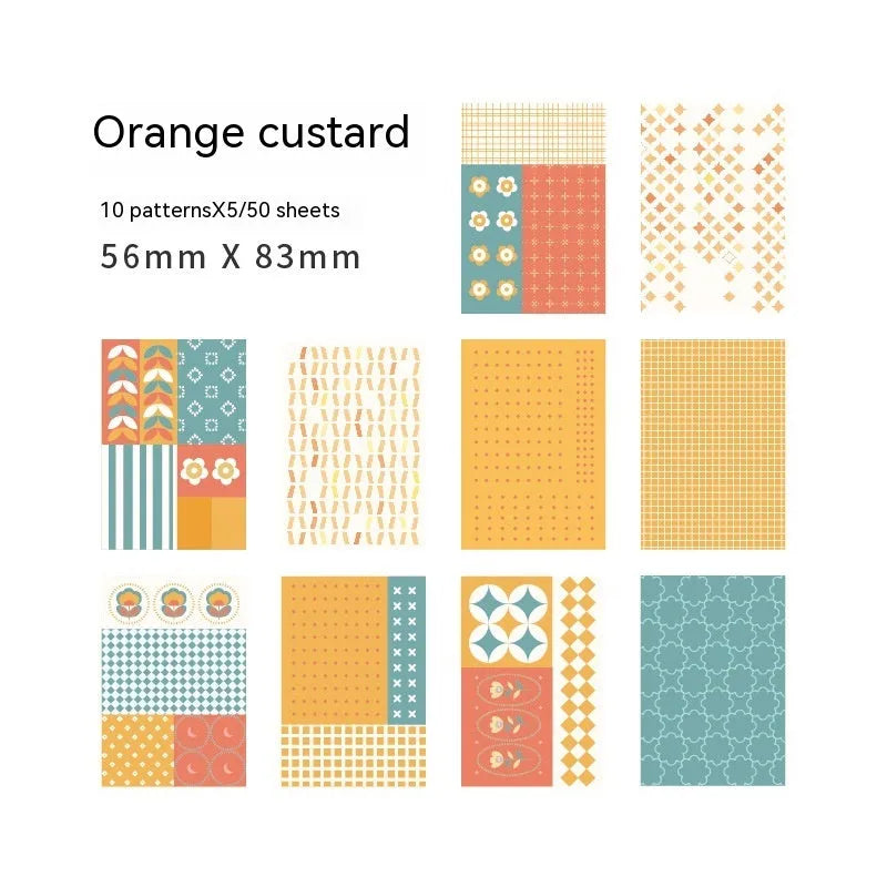 Retro collage note paper in ten pastel colours, each sheet 56mm by 83mm.