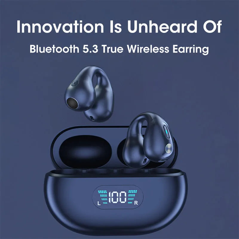 Black bone conduction Bluetooth headset clip worn on ear, showing ear clip design and bilateral speakers.
