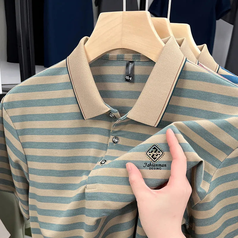 Striped casual men's shirt with mosaic pattern in polyester, available in red, blue, and green colours