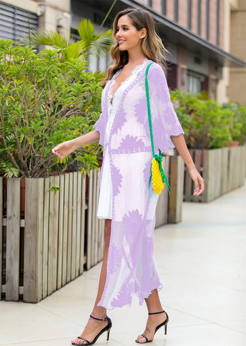 Light purple beach dress with lace embroidery cardigan style swimsuit cover-up