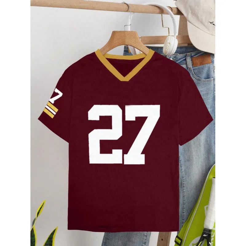 Red loose cotton t-shirt with white digital letter printing on the front.