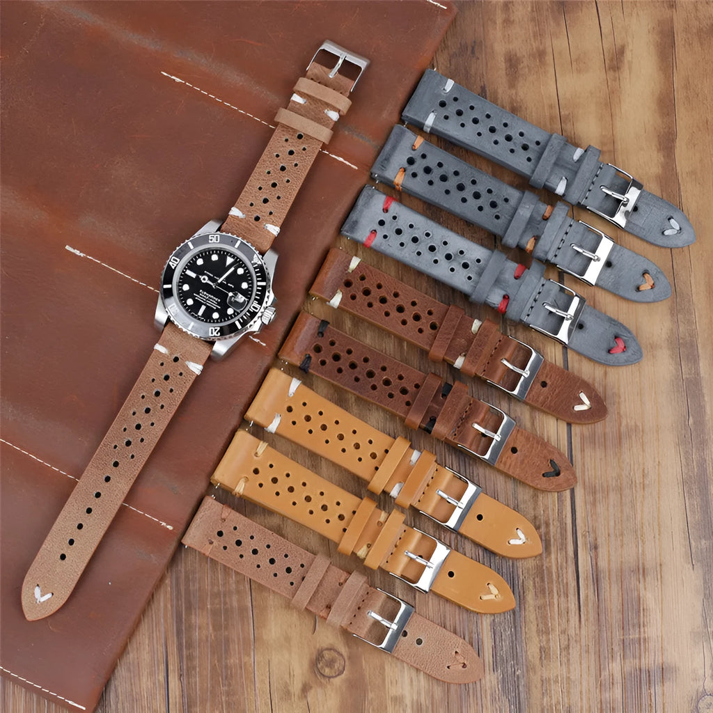 Handmade retro genuine leather watch band in brown with contrast stitching