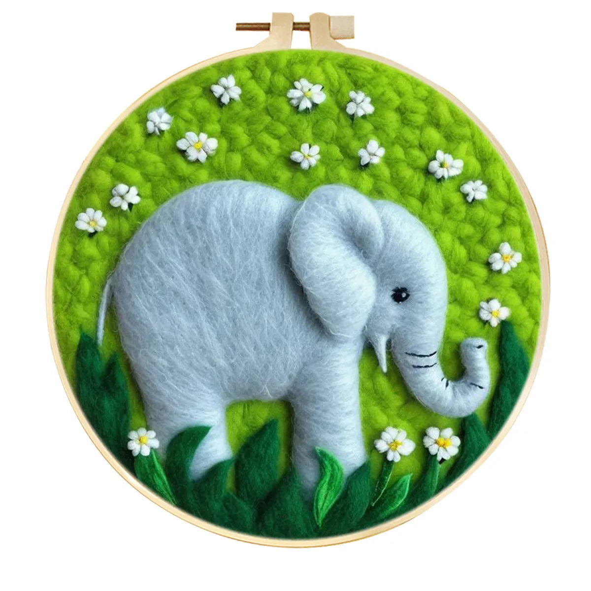 Round linen embroidery kit with wool felt materials for three-dimensional floral design